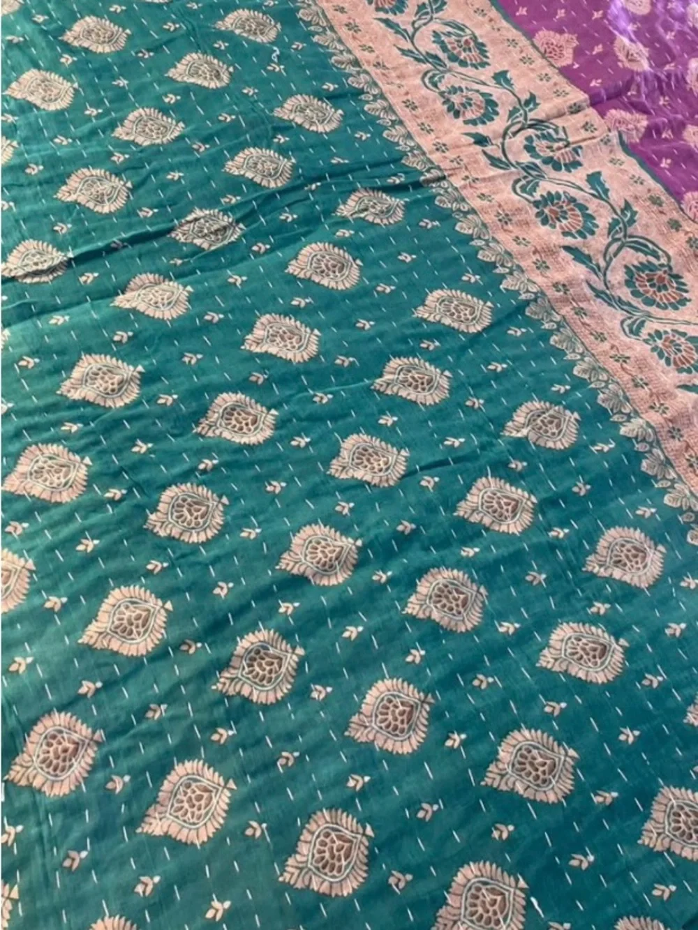 Teal and Purple and Black Quilted Kantha Bedspread